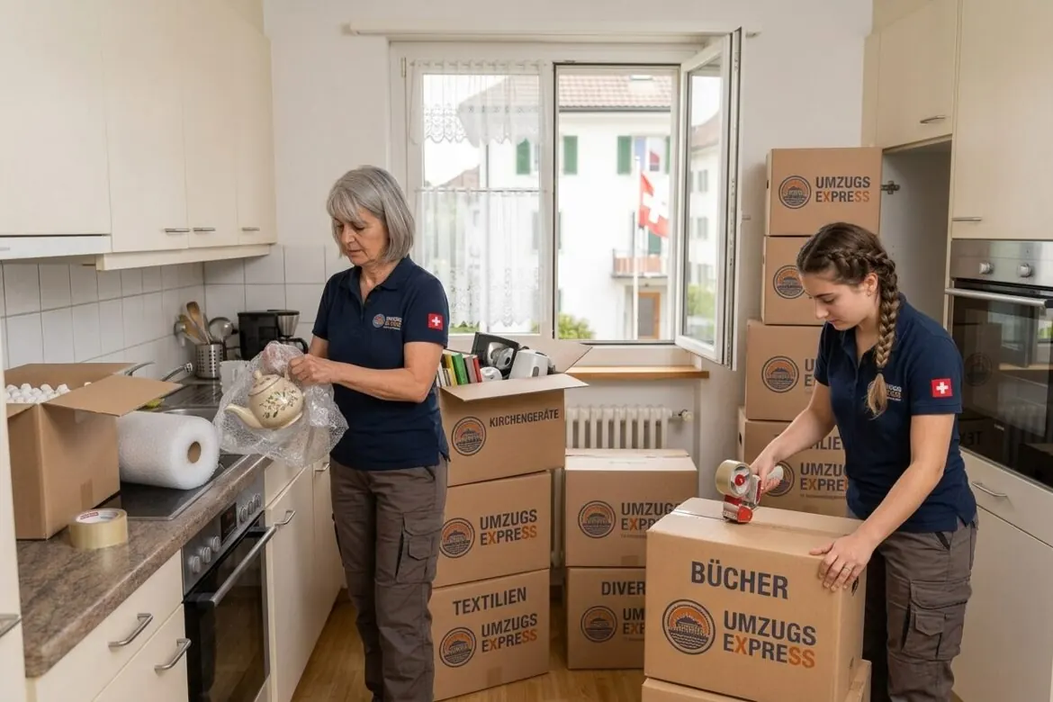 Two team members packing kitchenware into labelled moving boxes