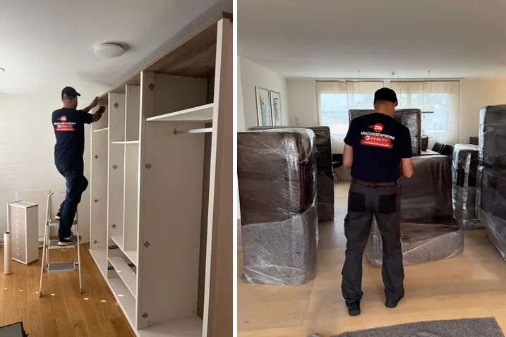 Traslocatore smonta uno scaffale accanto a mobili imballati