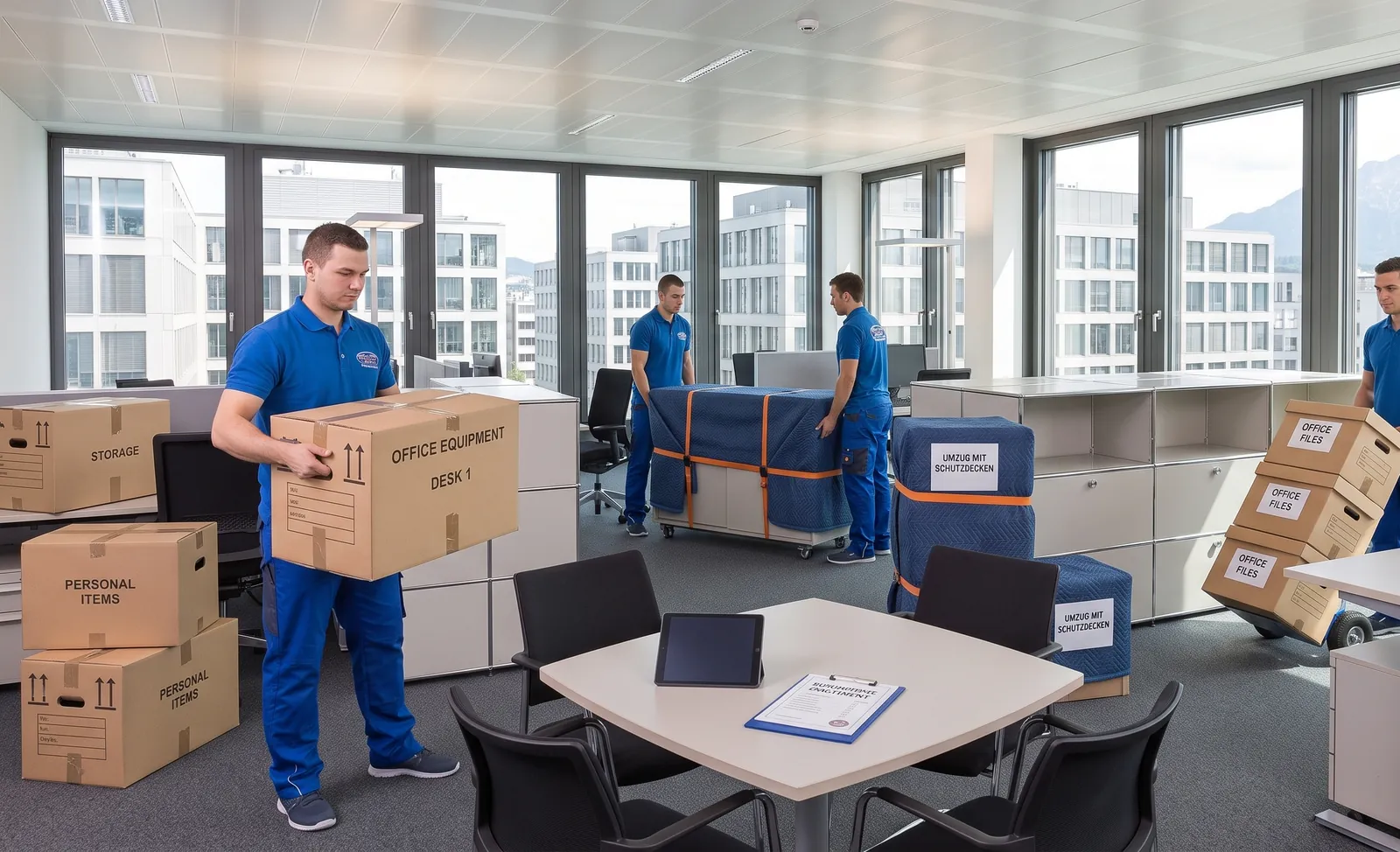 Büroumzug: Mitarbeiter tragen beschriftete Kartons, Möbel sind mit Schutzdecken gesichert
