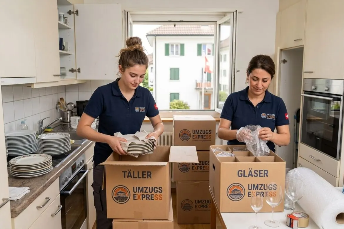 Vaisselle et verres emballés un à un dans du papier