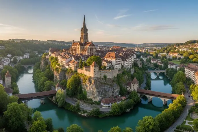 Fribourg old town above the river Sarine