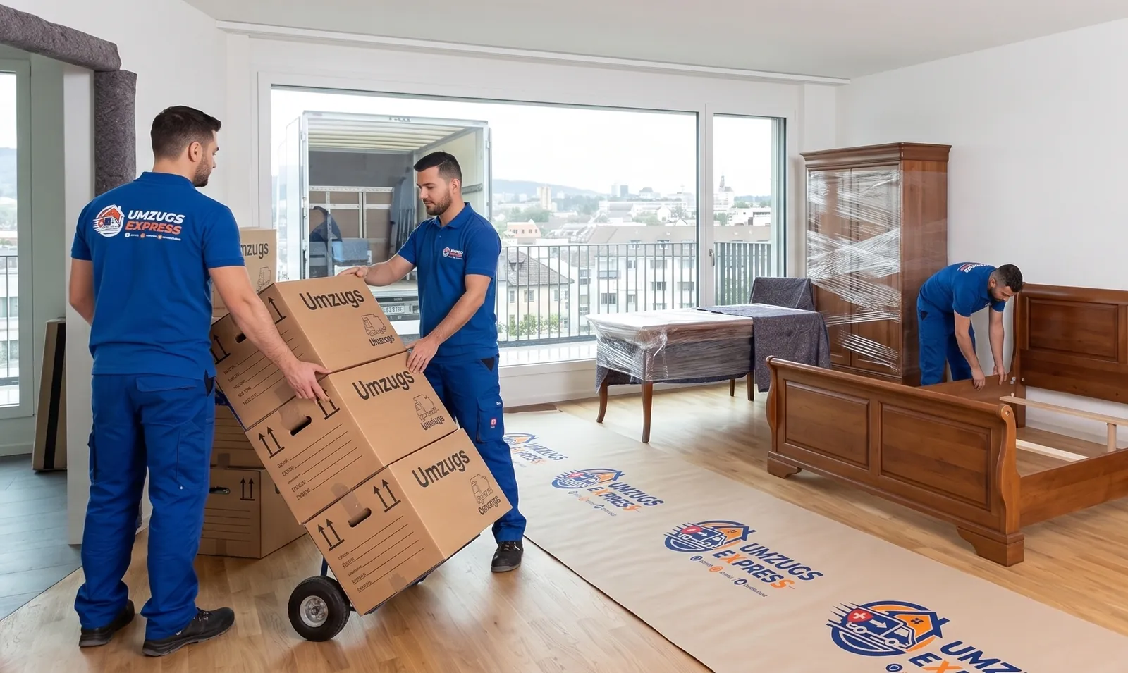 Deux déménageurs transportent des cartons au diable sur un sol protégé