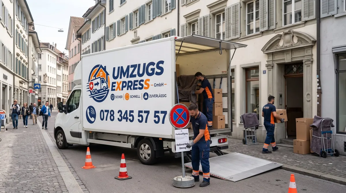 Umzugswagen von Umzugsexpress in einer Altstadtgasse, ein Mitarbeiter stellt das Halteverbot-Schild mit Parkbewilligung auf