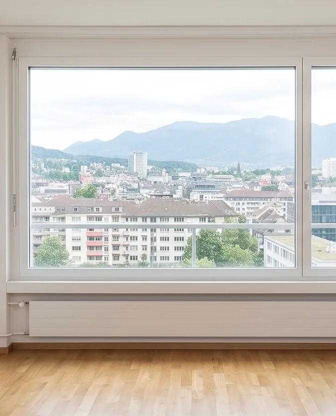 Appartement vide et balayé après le débarras, avec vue sur la ville