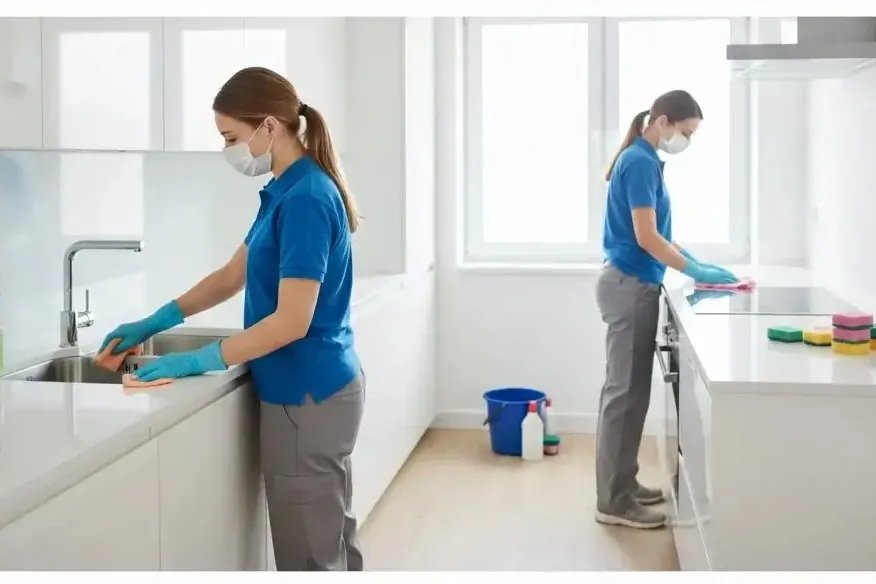 Nettoyage final de la cuisine et du sol dans un appartement vide