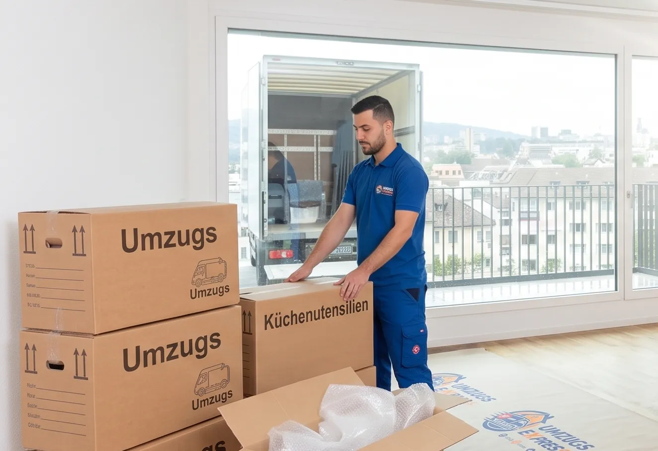 Umzugsmitarbeiter stapelt beschriftete Kartons vor dem Verladen