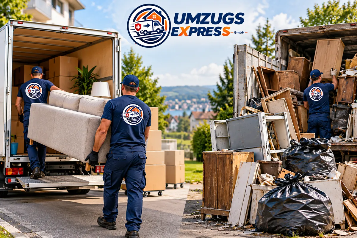 Links trägt das Team ein Sofa in den Umzugswagen, rechts wird ausgediente Einrichtung zur Entsorgung verladen