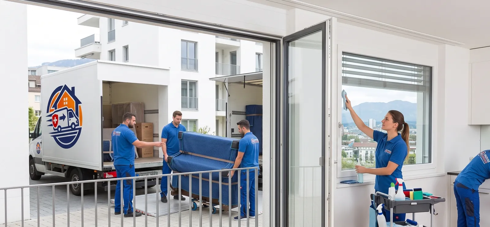 Crew loading a piano while cleaners work on windows and kitchen