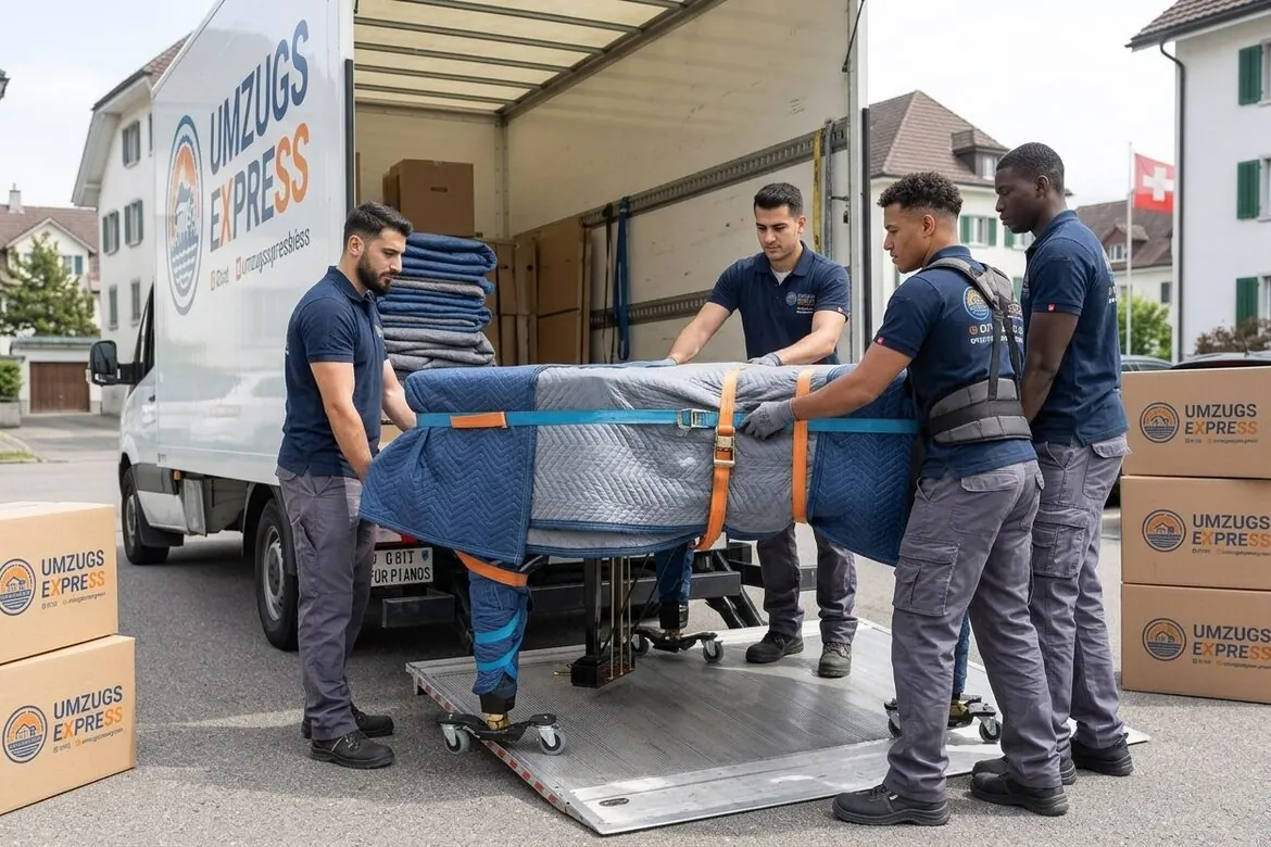 Équipe chargeant un meuble protégé par des couvertures sur la rampe