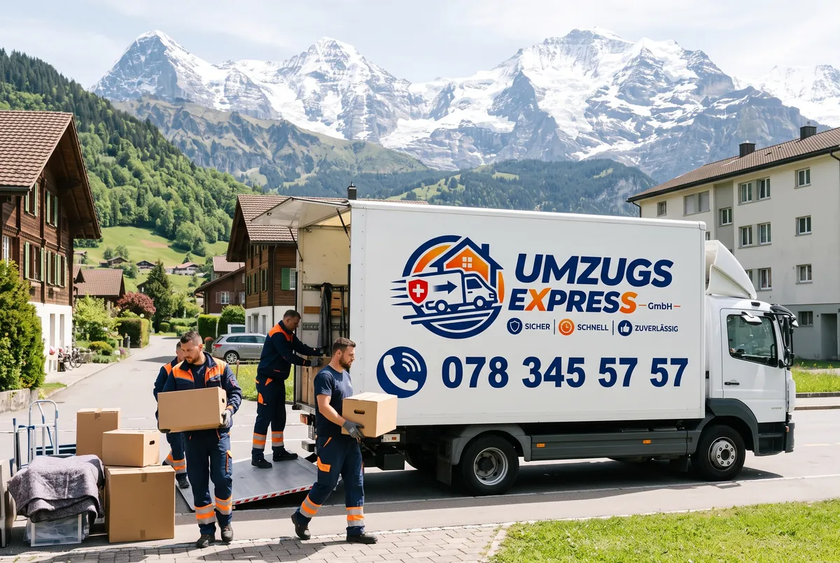 Umzugsexpress removal truck in a mountain village, with the Eiger, Mönch and Jungfrau behind