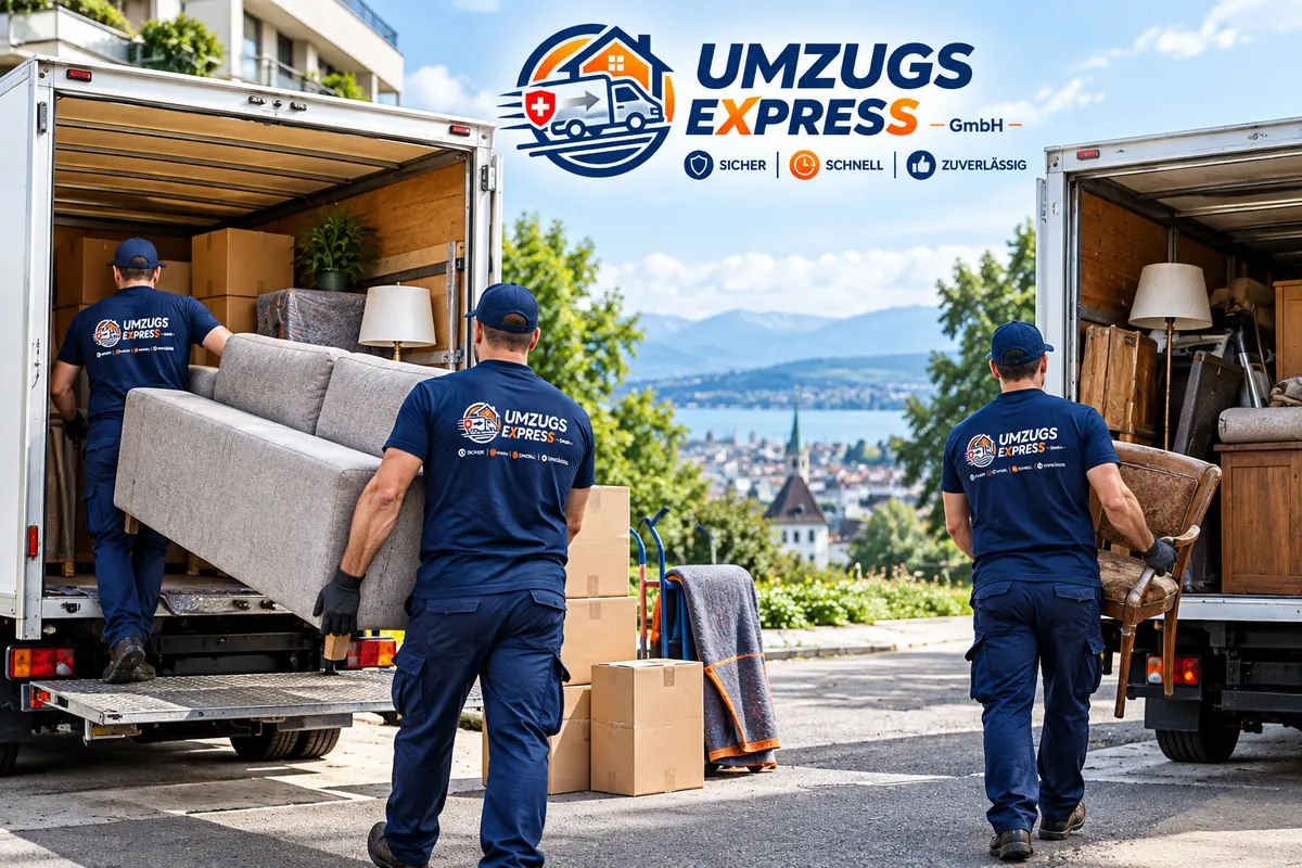 Trois déménageurs Umzugsexpress portent un canapé et un fauteuil vers deux camions, un lac en arrière-plan