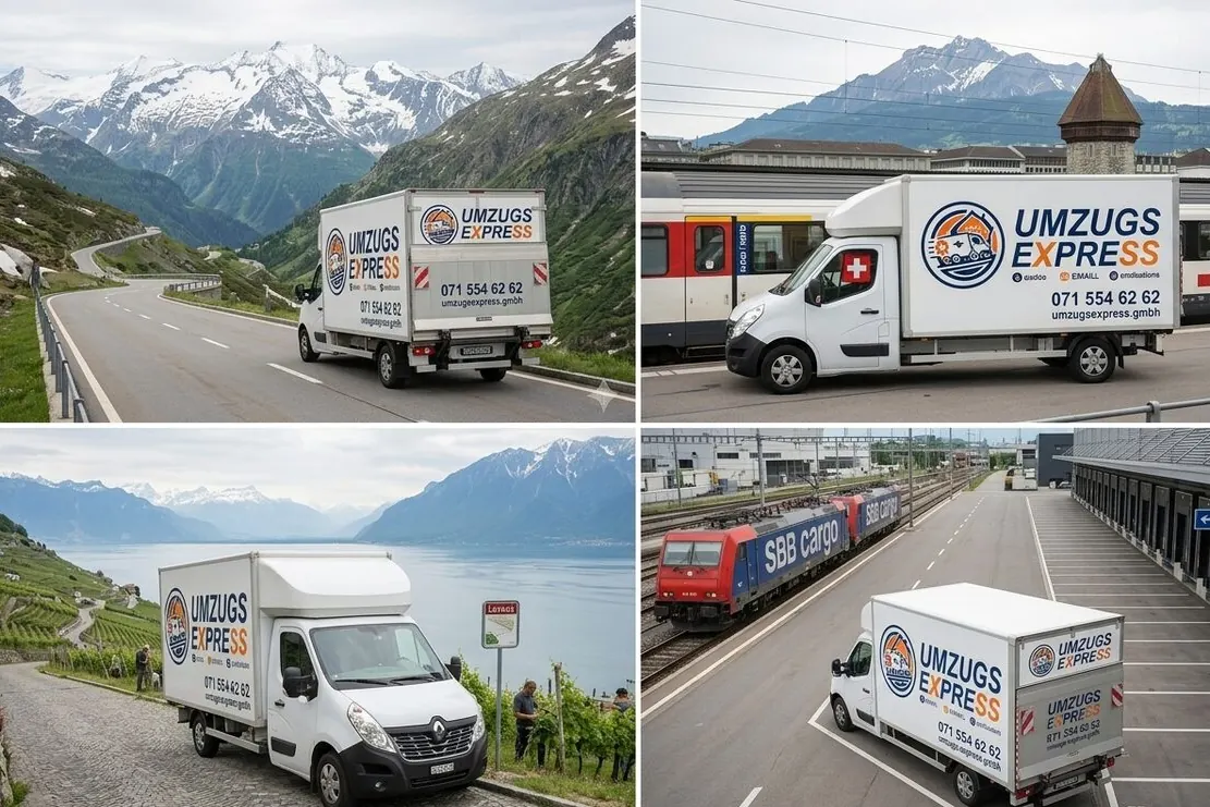 Umzugstransporter unterwegs in den Schweizer Alpen