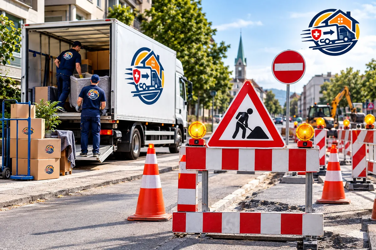 Umzugswagen wird beladen, daneben eine abgesperrte Baustelle mit Fahrverbot und Warnleuchten